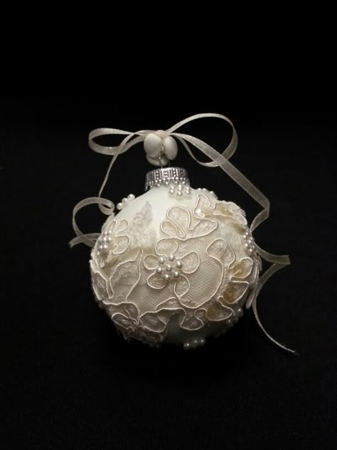 Keepsake ornament made from vintage bridal gown. Great way to pass the heirloom on to multiple family members.  By My Beloved ~ Redemptive Bridal Couture Christmas Ornament From Wedding Dress, Ornaments Made From Wedding Dress, Crafts Made From Old Wedding Dress, Wedding Dress Christmas Ornaments, Keepsakes From Wedding Dress, Ways To Repurpose A Wedding Dress, Wedding Dress Memory Ideas, Wedding Dress Ornament, Wedding Dress Crafts Recycle