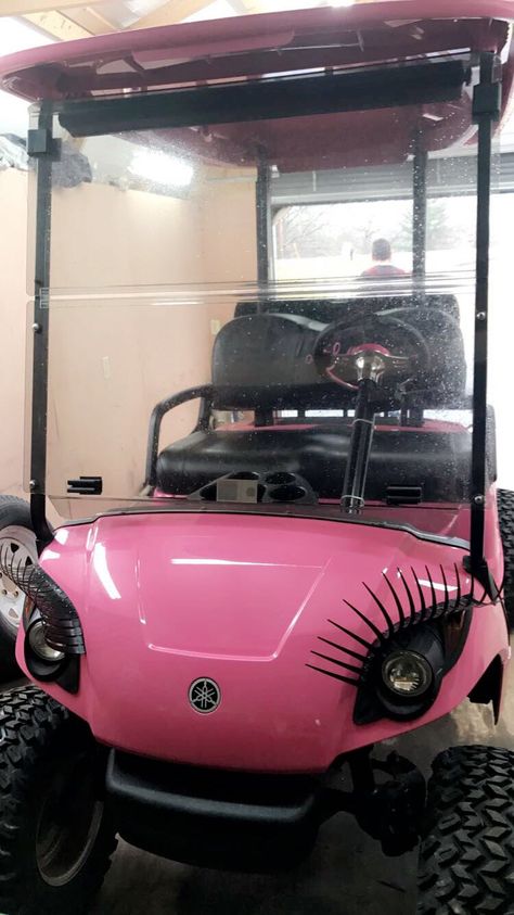 How cute are these eyelashes Barbie Golf Cart, Car Lashes, Golf Cart Decorating Ideas, Pink Golf Cart, Prom Car, Golf Cart Decorations, Gold Cart, Golf Cart Bodies, Golf Buggy