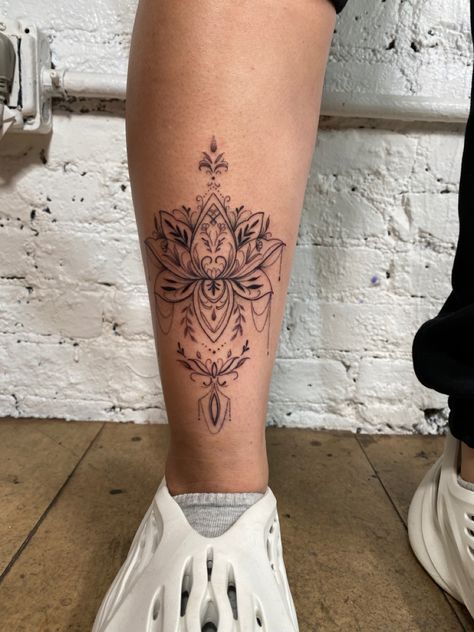 Shin Tattoo Flower, Lotus Flower Leg Tattoos Women, Lotus Shin Tattoo, Shin Tattoos For Women Ideas, Flower Shin Tattoo, Mandala Shin Tattoo, Shin Tattoo Womens, Shin Tattoos For Women, Shin Tattoos