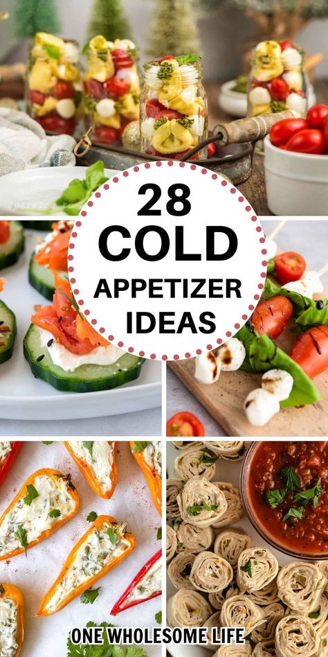 Collage of cold appetizer recipes. Make Ahead Cold Appetizers, Simple Finger Foods, Cold Appetizer Recipes, Room Temperature Appetizers, Cold Party Appetizers, Cold Appetizer, Cold Finger Foods, Fingerfood Party, Make Ahead Appetizers