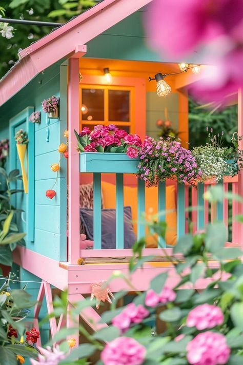 Playhouse Paint Ideas, Painted Playhouse, Playset Makeover, Inside Playhouse, Functional Backyard, Playhouse Decor, Playhouse Interior, Playhouse Makeover, Small Urban Garden