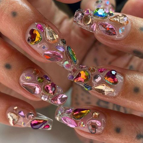 Pink Flower Nail Art, Nail Art Step By Step, Gem Nail Designs, Art Step By Step, Junk Nails, Nails Yellow, Colorful Nail, Glass Nails, Flower Nail