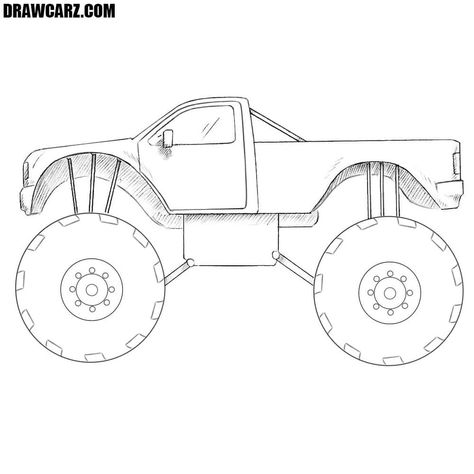 Have you always dreamed of learning how to draw a monster truck? If so, then we created this simple step-by-step drawing guide especially for you! Monster Truck Drawing Easy, Monster Truck Doodle Easy, Simple Monster Truck Drawing, How To Draw Monster Truck, Monster Truck Painting, Jeep Drawing, Monster Truck Drawing, Monster Truck Art, Monster Truck Coloring Book