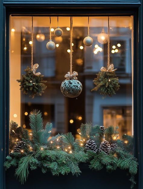 Decorating Curtains For Christmas, Window Christmas Tree Ideas, Christmas Decor Sliding Glass Door, Window Decoration Ideas For Christmas, Store Front Christmas Display, Home Christmas Window Display, House With Christmas Wreaths On Windows, Christmas Windowsill Decorations, Christmas Decoration For Windows