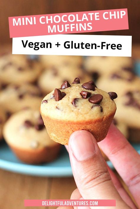 Soft, fluffy, easy vegan gluten free chocolate chip muffins that are loaded with mini chocolate chips! Your kids are going to love having these delicious gluten free muffins for snacks and in their school lunches.   #chocolatechipmuffins #glutenfreemuffins #veganmuffins #glutenfreeschoolsnacks #glutenfreevegan via @delighfuladv Chocolate Chip Muffins Vegan, Vegan Gluten Free Muffins, Gluten Free Chocolate Chip Muffins, Mini Chocolate Chip Muffins, Muffins Vegan, Vegan Gluten Free Desserts, Vegan Muffins, Gluten Free Chocolate Chip, Gluten Free Recipes For Breakfast