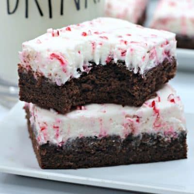 Candy Cane Brownies are a rich, chocolate and peppermint brownie topped with a peppermint buttercream frosting.