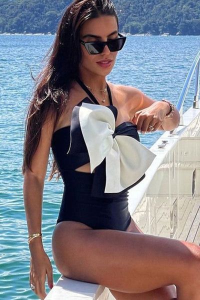 Hit Color Hyperbolic Bowknot One Piece Swimwear Luxury Chic Swimwear With Ruffles, Luxury Chic Asymmetrical Swimwear, Bridal Swimsuit Lulus, Honeymoon Bathing Suit, Beach Vacation Essentials, Bow Swimsuit, Wrap Swimsuit, Backless Swimsuit, Honeymoon Outfits