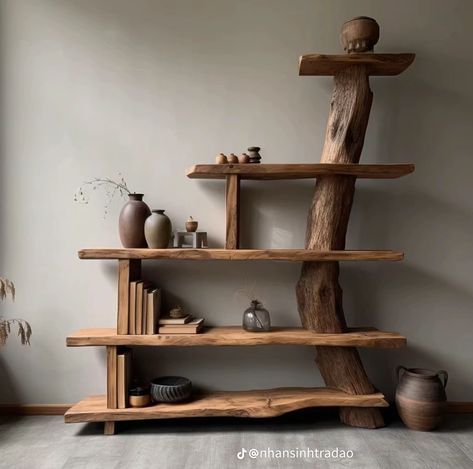 Boho Bookcase, Live Edge Wood Furniture, Driftwood Shelf, Rustic Wooden Shelves, House Inside, Wood Furniture Diy, Wood Plans, Live Edge Wood, Manifest Money