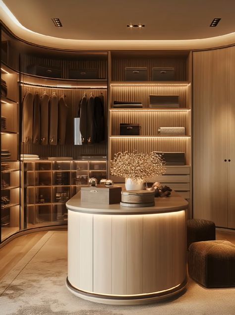 Organic Wardrobe Design, Round Closet Ideas, Dressing Room With Island, Poliform Closet, Dressing Luxe, Dressing Room Island, Closet With Vanity, Walk In Closet Luxury, Luxurious Walk In Closet