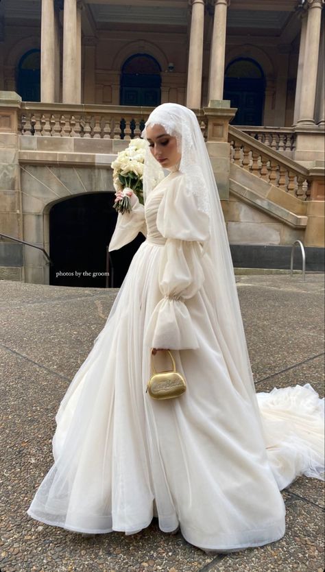 Bridal Dresses For Muslims, Nawal Sari Wedding, Hijabi Nikkah Dresses, Nikkah Outfit Hijab, Nikkah Dress Hijab, Hijabi Wedding Dress Bridal Collection, Hijabi Bridal Dress, Islam Wedding Dress, Dream Wedding Dresses Hijab