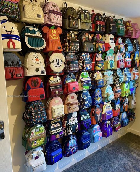 Loungefly Bag Display Wall, Loungefly Display, Loungefly Display Ideas Wall, Backpack Wall, Loungefly Storage, Disney Princess Jewelry, Disney Display Ideas, Disney Loungefly Backpack Display, Loungefly Display Ideas