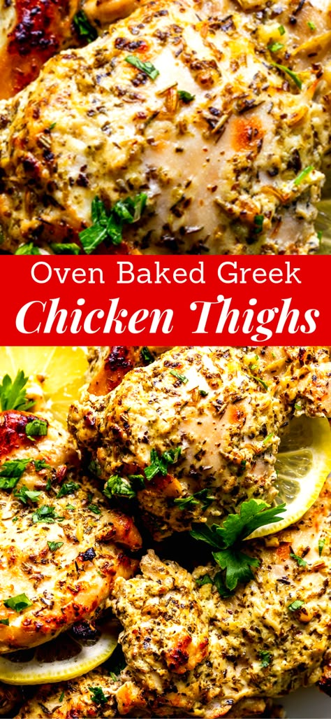 Baked Greek Chicken Thighs, Oven Baked Greek Chicken, Chicken Thigh Fillet Recipes, Greek Chicken Thighs, Greek Yogurt Marinated Chicken, Chicken Yogurt, Lemon Chicken Thighs, Baked Greek Chicken, Yogurt Marinated Chicken