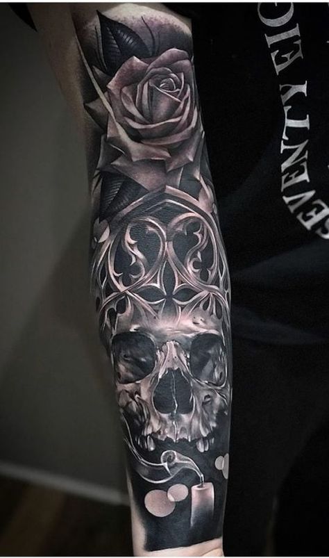 Cover Up Tattoos For Men, Roman Tattoo, Skull Rose Tattoos, Filigree Tattoo, Skull Sleeve Tattoos, Skull Sleeve, Men Tattoos Arm Sleeve, Full Arm Tattoos, Fresh Tattoo