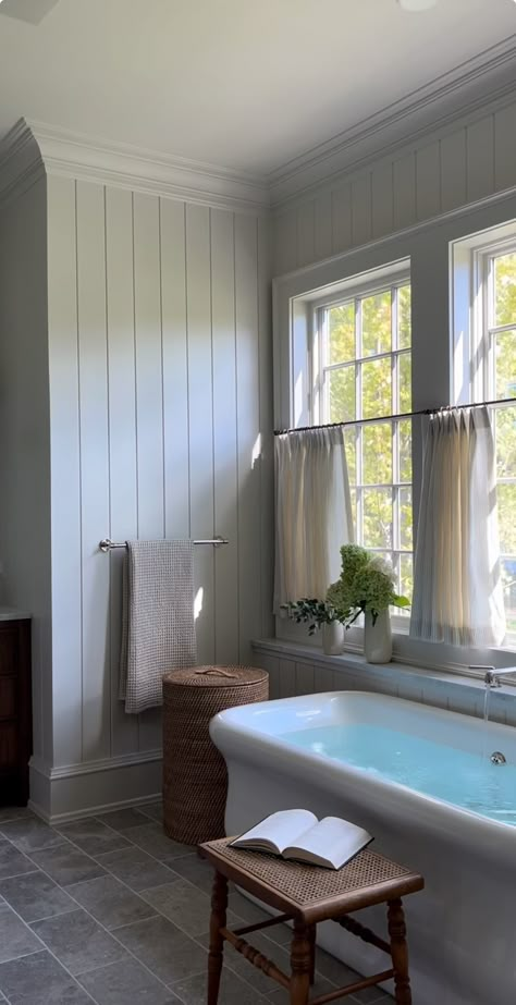 Jean Stoffer Design Bathroom, Tall Beadboard Bathroom, Cottage Master Bath Ideas, English Cottage Style Bathroom, English Countryside Bathroom, Small Primary Bathroom Ideas, Bathroom Tongue And Groove, Narrow Master Bath, Shiplap Wall Bathroom