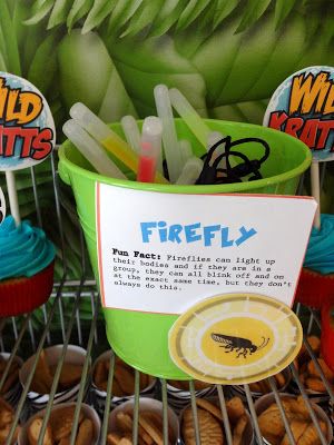 Lighting bugs=glow stick, add a FUN fact A Bugs Life Party, Bug Party Snacks, Wild Kratts Birthday Party Food, Wild Kratts Party Decorations, Wild Kratts Party Food, Wild Kratts Birthday Party Free Printables, Bug Creature, Glow Stick Ideas, Bug Snax Birthday