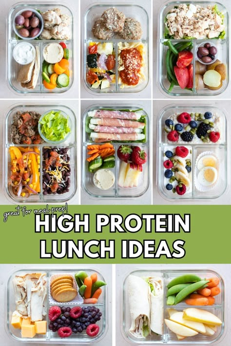 Need high protein meal prep ideas that are healthy and nourishing? These 8 meal prep lunches are exactly what you need! Well balanced meals, lower in calories than takeout, and fueled with protein, fruits and veggies, and plenty of flavor! They are all easy to prep and are a good mix of hot meals that reheat well, or cold packed lunches you can eat on the go. Easy, convenient, affordable and healthy, these high protein meal ideas will be added to your regular rotations! Meal Prep For Lazy People, Portions For Meal Prep, High Protein Meal Prep Lunch Cold, High Protein Lunches On The Go, Healthy Adult Lunchables High Protein, Protein Box Ideas Work Lunches, Cold Lunch Ideas For Adults Healthy, High Protein Lunch Box Ideas, Adult Lunchables Healthy Meal Prep