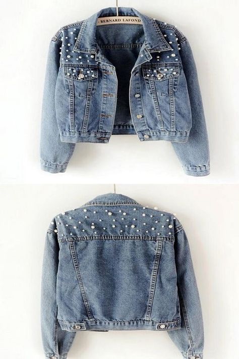 Jean Jacket Diy, Jeans Refashion, Women Denim Jacket, Diy Denim Jacket, Pearl Beading, Oversized Jean Jacket, Diy Jacket, Embellished Denim, Denim Diy