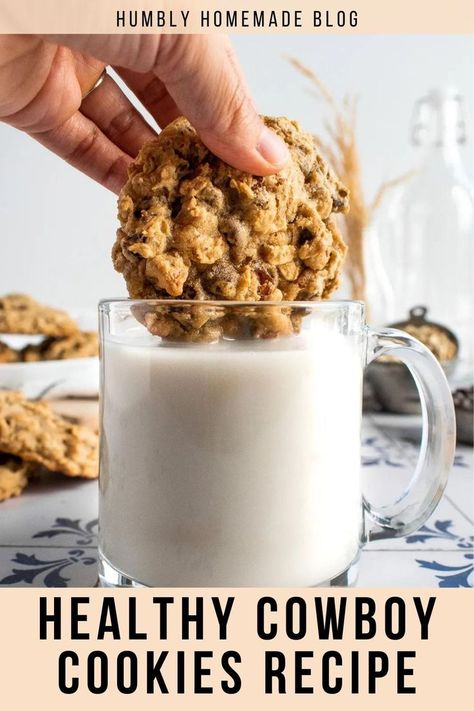 Cowboy cookie being dipped in milk Best Cowboy Cookies, Flax Seed Oatmeal, Cowboy Cookies Recipe, Cowboy Cookie Recipe, 4 Ingredient Cookies, Seed Cookies, Salty Cookies, Flax Meal, Homemade Trail Mix