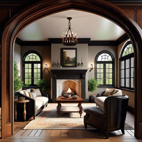 20 Stunning Tudor Style Homes Ideas to Inspire You Tudor With Porch, Old English Tudor Homes, Tudor Ceiling Design, French Modern Tudor Interior, Tudor Garden Design, English Tudor Style Homes Interior, English Gothic House, Old Wood House Interior, Small Tudor Style Homes Interior