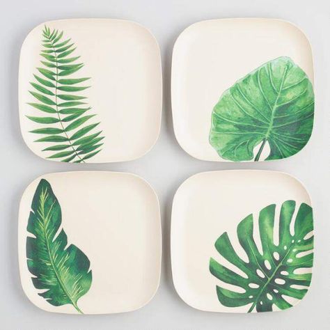 I love these leaf  plates!   Leaf Print Pressed Bamboo Square Dinner Plates Set of 4 kitchen/home decor/shopping/affiliate Banana Leaf Plates, Painting Plates, Leaf Pottery, Square Dinner Plates, Flora Danica, Bamboo Leaf, Outdoor Dinnerware, Pottery Painting Designs, Square Plate