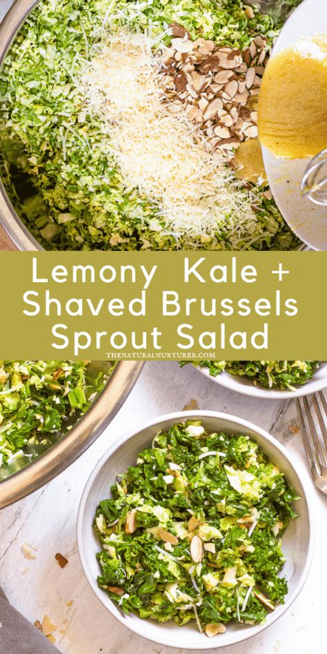 Kale Brussel Sprout Salad, Lemon Garlic Vinaigrette, Garlic Vinaigrette, Brussel Sprout Salad Recipes, Shaved Brussel Sprouts, Brussels Sprouts Salad, Sprout Salad, Kale Salad Recipes, Shredded Brussel Sprouts