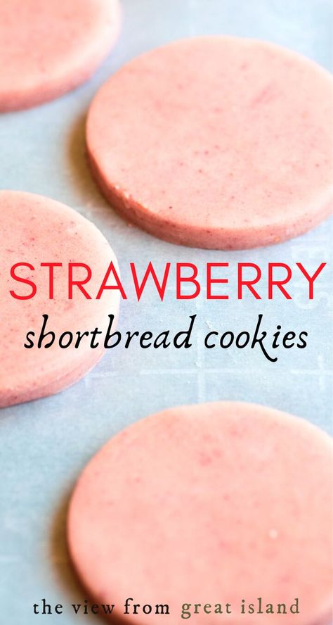 Sparkly Strawberry Shortbread Cookies are pretty in pink with an explosive berry flavor. Sparkling sugar adds a sweet crunch to this fab strawberry cookie!  #easy #recipe #shortbread #cookies #strawberry #homemade #butter #rollout #mothersday #pink #valentinesday #wedding #shower #fromscratch #natural #dessert #spring #easter #freezedriedstrawberries Strawberry Sugar Cookies Roll Out, Wedding Shortbread Cookies, Cookies To Decorate Recipe, Sugar Cookie Flavor Ideas, Rollout Cookie Recipe, Easy Decorated Cookies, Roll Out Cookie Dough Recipe, Strawberry Shortbread Cookies, Dessert Spring