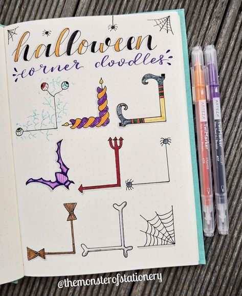 Corner Doodles, Bullet Journal Dividers, Bullet Journal Halloween, Calendar Doodles, Weekly Tracker, Halloween Doodles, Bullet Journal Ideas Templates, Journal Inspiration Writing, Desain Buklet