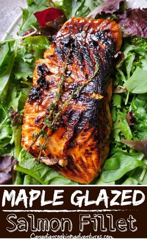 Maple Bbq Salmon, Maple Glazed Salmon Grilled, Salmon Recipes Baked Maple Syrup, Salmon Maple Glaze, Maple Glazed Salmon Air Fryer, Salmon Steak Recipes Baked, Salmon Recipes Maple Syrup, Salmon On The Bbq, Maple Soy Glazed Salmon