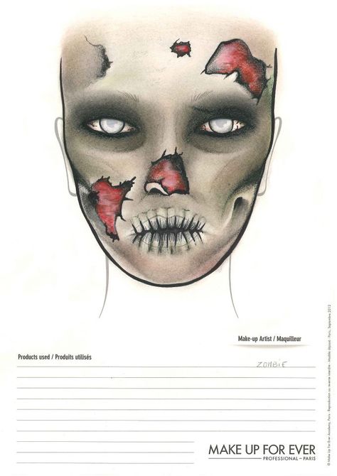 Face chart: zombie Zombie Face Paint, Halloween Fx, Zombie Halloween Makeup, Zombie Face, Makeup Charts, Pin Up Makeup, Makeup Drawing, Makeup Face Charts, Face Art Makeup