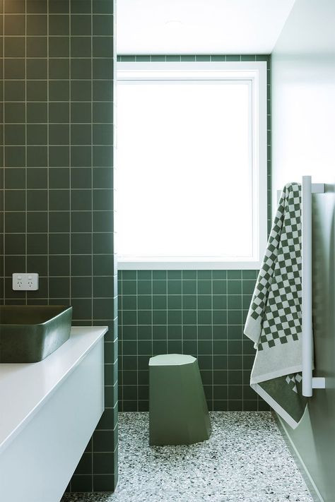 Westshore Bathroom, Green Terrazzo Bathroom, Bathroom Terrazzo Floor, Terrazzo Floor Bathroom, Terrazzo Bathroom Floor, Gold Front Door, Bathroom Terrazzo, Stone Floor Bathroom, Monochromatic Bathroom