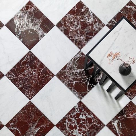 STAREL stones on Instagram: "Bring your wildest interior fantasy to life with Rosso Levanto marble, back in stock like never before. Now offered in a square format to match the rest of our Checker range. Or to be used on its own for a bold breathe taking look.❤️ #marble #marblefloor #marbletiles #marbledesign #marblefloring #marbleinterior #marbledesign #marbledesigns #checkerfloor #marbleflooring #luxuryinterior #luxuryinteriors #luxuryhome #bathroomdesign #bathroominspiration #commercialinte Red Checkered Floor, Marble Checkered Floor Bathroom, Red Marble Floor, Red Marble Interior, Burgundy Checkered Floor, Rosso Levanto Marble Bathroom, Rosso Levanto Marble, Marble Tile Kitchen, Marble Interior