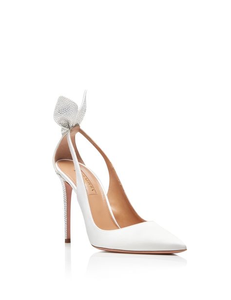 Crystal Pumps, Aquazzura Heels, Footwear For Women, Luxury Footwear, Bow Heels, White Heels, White Bow, White Satin, Bridal Shoes