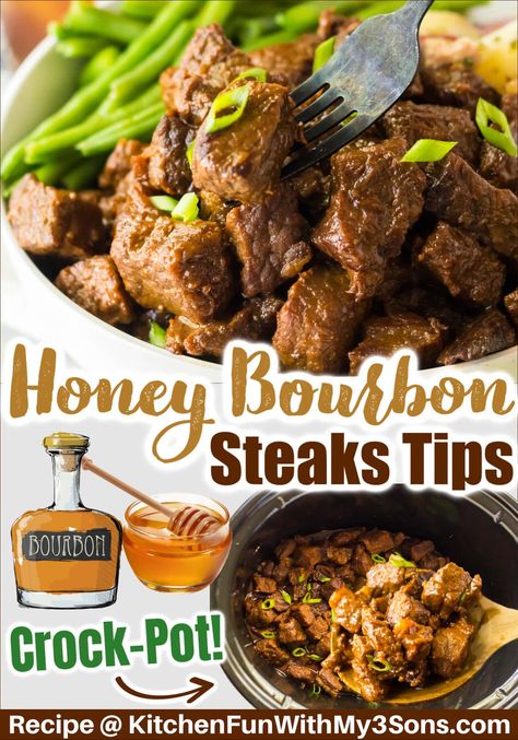 These Honey Bourbon Steak Tips are slow-cooked to perfection in the crockpot. They are tender and juicy steak bites coated in a sweet and savory sauce. Beef Tenderloin Steak Recipes Crockpot, Steak Tips Recipe Crockpot, Bourbon Steak Bites, Bourbon Steak Recipe, Beef Tips Slow Cooker, Juicy Steak Bites, Bourbon Beef, Bourbon Steak, Meat Entrees