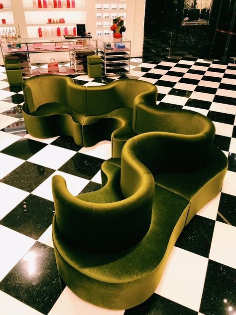 Weird Shaped Couch, Wavy Couch, Weird Couches, Velvet Couch Aesthetic, Y2k Couch, Curvy Couch, Funky Couch, Trippy Apartment, Retro Futurism Interior