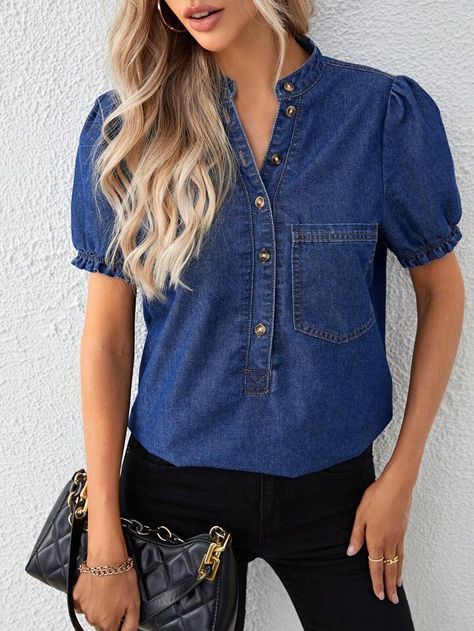 Free Returns ✓ Free Shipping✓. SHEIN LUNE Half Button Patched Pocket Puff Sleeve Denim Top- undefined at SHEIN. Denim Blouse Women, Short Sleeve Denim Shirt, Denim Top Women, Top Jeans, Long Sleeve Denim Shirt, Denim Blouse, Plain Tops, Jeans Casual, Ribbed Knit Sweater