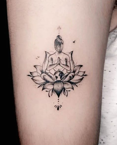 63 Soulful Lotus Tattoos with Meaning - Our Mindful Life Lotus With Crystals Tattoo, Buddha And Lotus Tattoo, Buddha Lotus Tattoo Design, Lotus Flower Om Tattoo, Lotus Tree Tattoo, Lotus Strength Tattoo, Lotus Buddha Tattoo, Buddha Tattoos For Women, Buddah Tattoo For Women