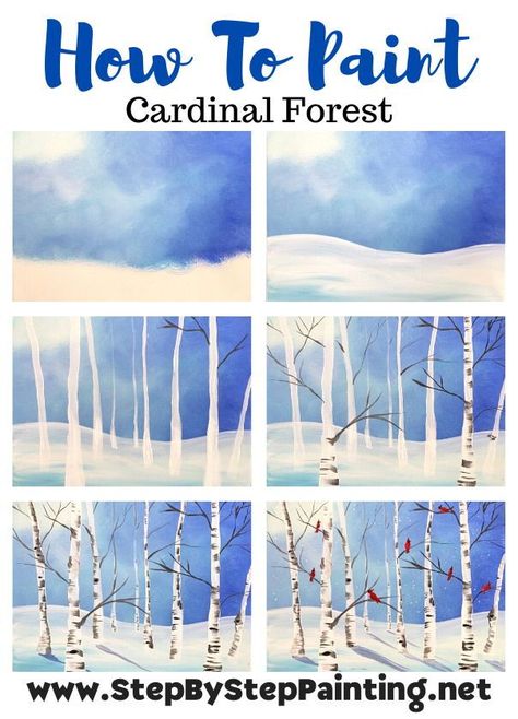 How To Draw Birch Trees Easy, Painting Birch Trees Tutorial, Beginner Winter Painting, Winter Birch Tree Art For Kids, Painting A Birch Tree, Easy Birch Tree Painting, Painting Snowy Trees, Paint Birch Trees Tutorial, Easy Winter Painting Ideas On Canvas