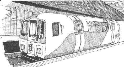 Glasgow Subway sketched in 0.3mm and 0.7mm ink pen Subway Sketch Drawings, Subway Train Drawing, Train Station Sketch, Metro Drawing, Train Station Drawing, Metro Sketch, Subway Sketch, Train Animation, Subway Drawing