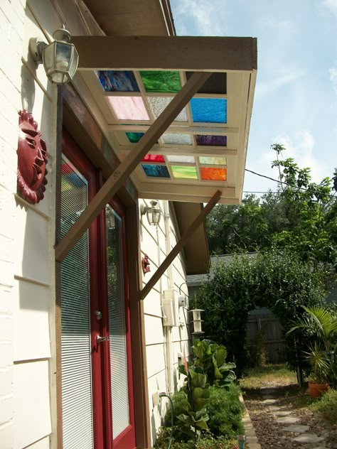 This was my idea of how to recycle my old stained glass french doors... Repurposed Front Door, Upcycle French Doors, Old French Doors Repurposed, Stained Glass French Doors, Stained Glass Cabinet Doors, Old Glass Door Ideas, Stained Glass Workshop Ideas, Stained Glass Porch, Glass Door Ideas