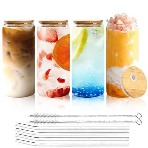 16 oz Glass Cups with Bamboo Lids and Glass Straws, Drinking Glasses Set of 4, Beer Can Shaped Glasses with 2 Cleaning Brushes - Walmart.com Can Shaped Glasses, Cups With Bamboo Lids, Beer Can Glasses, Drinking Glasses Set, Glass Cup Set, Cleaning Brushes, House Aesthetic, Cups Set, Tools And Toys