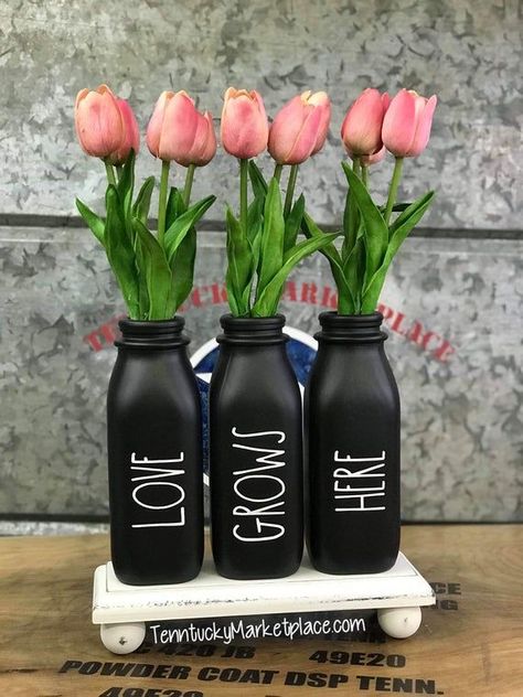 Milk Bottle Vases Matte Black Optional Riser Available | Etsy | Diy glass bottle crafts, Milk bottle craft, Milk bottle decor Milk Bottle Craft, Recycle Wine Bottles, Milk Bottle Vases, Love Grows Here, Bottle Vases, How To Recycle, Bottle Decoration, Glass Bottle Diy, Diy Glass Bottle Crafts