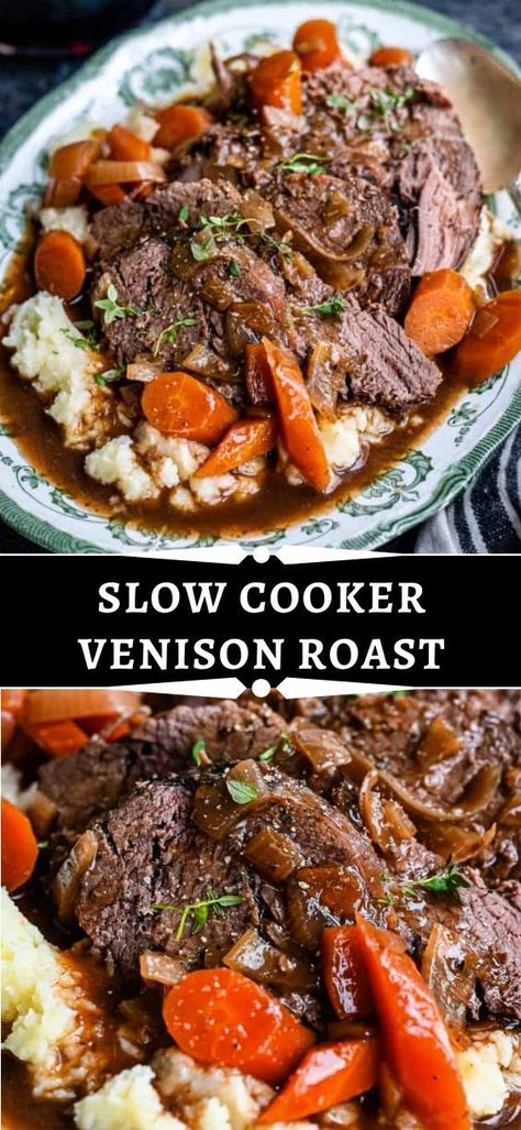 Slow Cooker Venison Roast – making venison roast in the crock pot is SO easy! Simply season and sear your deer meat and cook with vegetables in a rich red wine gravy. You will be rewarded with meltingly tender venison a few hours later. Mississippi Venison Roast Crockpot, Deer Shoulder Recipes Crock Pot, Mississippi Deer Roast Crockpot, Easy Deer Roast Crockpot Venison Recipes, Slow Cooker Deer Roast, Crock Pot Deer Roast, Antelope Roast Crock Pot, Deer Roast In Crockpot, Venison Football Roast Recipes