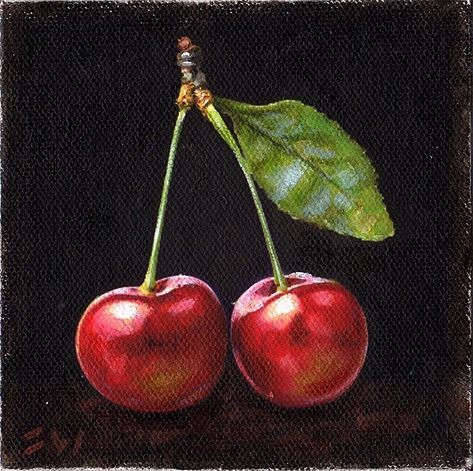 Cherries Painting Acrylic, Cherry Painting Aesthetic, Cherry Painting Acrylic, Cherry Still Life, Drawing Thoughts, Natural Forms Gcse, Cherry Painting, Fruit Paintings, Cherries Painting