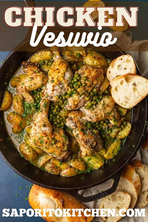 Chicken Vesuvio Recipe, Chicken Vesuvio, Garlic White Wine Sauce, Bone In Chicken Recipes, Chicken Roasted, Bone In Chicken, One Skillet Meals, Yellow Potatoes, White Wine Sauce