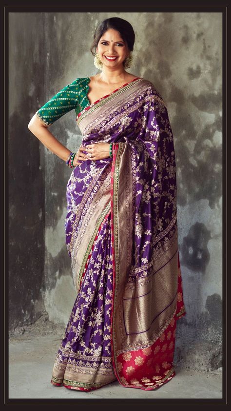 Silk Sarees Colour Combinations, Benares Blouse Designs, Contrast Colour Combination Saree, Interesting Blouses, Shalu Saree, Benares Sarees, Silk Banarsi Saree, Contrast Colour Combination, Banarasi Sari