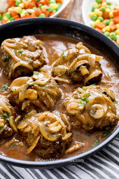 Mushroom Salisbury Steak Hamburger Steak Recipes, Homemade Salisbury Steak, Easy Salisbury Steak, Slow Cooker Salisbury Steak, Steak Dishes, 30 Min Meals, Salisbury Steak Recipes, Good Meatloaf Recipe, Spend With Pennies