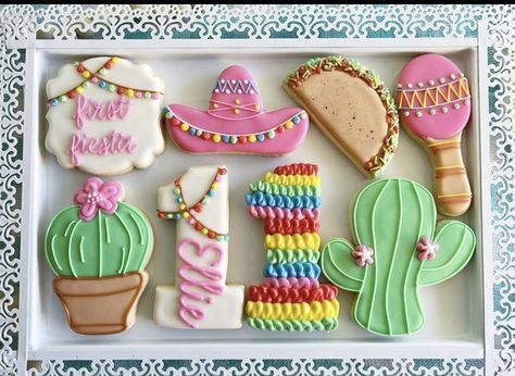 First Fiesta Birthday Cookies, Fiesta Theme Cookies Birthday, Taco Decorated Cookies, Taco Bout A One Year Old, First Birthday Cinco De Mayo Theme, Fiesta Cookies Decorated Birthday, Sombrero Cookies Decorated, Fiesta One Year Old Party, Cinco De Mayo First Birthday Girl