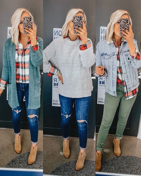 Flannel And Cardigan Outfits, Layering Flannel Outfit, Flannel Outfits Work, Flannel And Jean Jacket Outfit, Sweater And Flannel Outfits, Flannel And Jeans Outfit, Fall Flannel Outfits Casual, Layered Flannel Outfit, Flannel Shirt Outfit