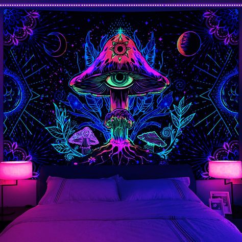 PRICES MAY VARY. BLACK LIGHT/UV REACTIVE: This blacklight mushroom tapestry can glow beautifully under UV light and black light, also very attractive under normal light. AMAZING MATERIAL: This UV mandala tapestry is made of high quality polyester fabric, soft touching, delicate sewing, very durable and elegant, and does not fade. AVAILABLE SIZE: We offer 2 sizes of this colorful tapestry for you to choose for different usage scenarios. 51.2'' x 59.1''; 59.1'' x 82.7''. MULTIPLE USAGES: This eye Bedroom Aesthetic Colorful, Tapestry Bedroom Hippie, Dark Tapestry, Vaporwave Room, Bachelor Decor, Mushroom Tapestry, Tapestry For Bedroom, Trippy Tapestry, Blacklight Tapestry