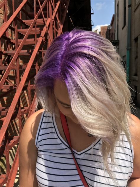 Platinum Blonde Hair With Vivid Color, Vivid Roots Hair, Blonde With Purple Roots, Lavender Roots Blonde Hair, Blonde Hair With Purple Roots, Blonde And Purple Hair Short, Vivid Hair Color Ideas Blondes, Blonde Hair Purple Roots, Purple Roots Blonde Hair